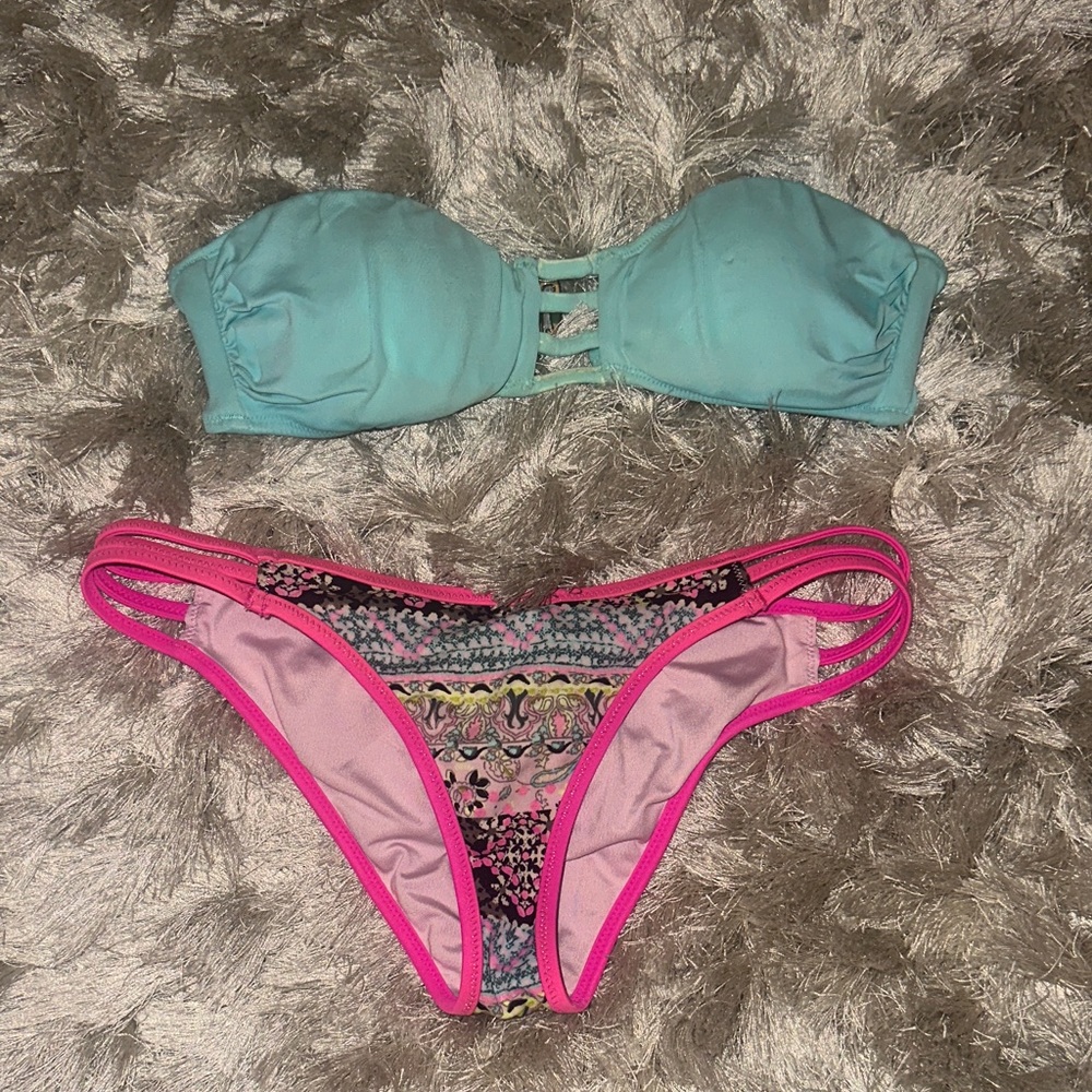 Victoria's Secret Aqua Bandeau Bikini Top with Hot Pink-Trim Patterned Bottoms